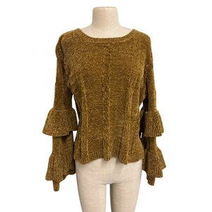 For The Republic Womens M Brown Ruffled Sleeve Chenille Sweater